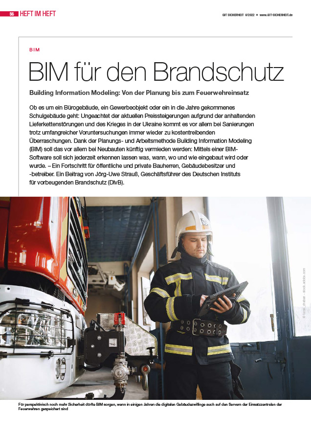 GIT Ausgabe 6/22 mit dem Fachartikel zum Thema BIM und Brandschutz (Seiten 56-58